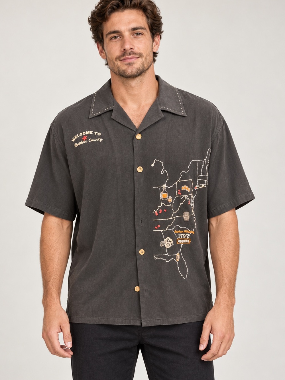 Nat Nast Black, Short-Sleeve silk Embroidered Bourbon Map shirt size large